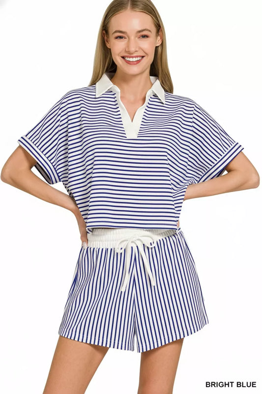 Zenana Striped Collared Top & Shorts Set-1