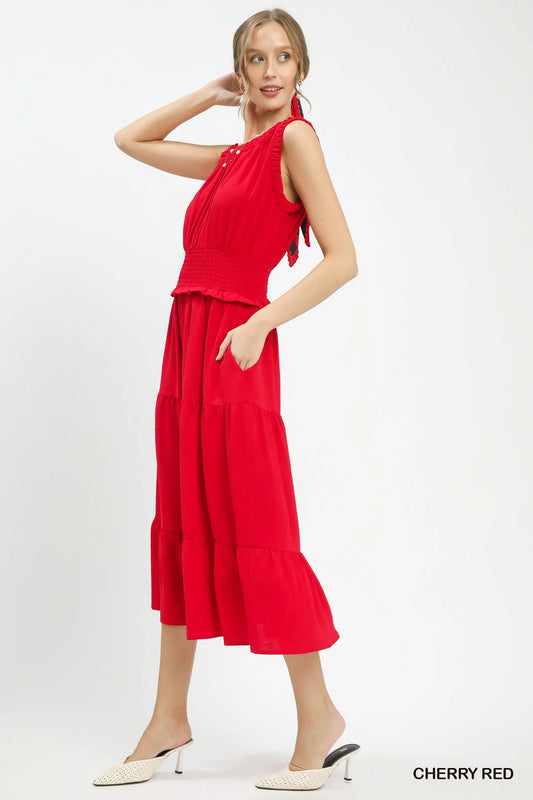Umgee Smocked Waist Tiered Midi Dress-1