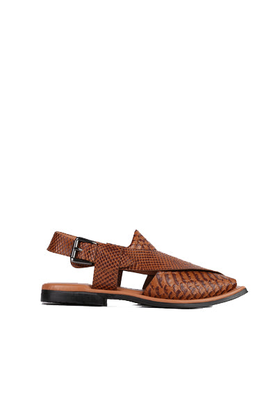 Eddie Men's Real Cow Leather Snake Print Peshawari Chappal Tan-1