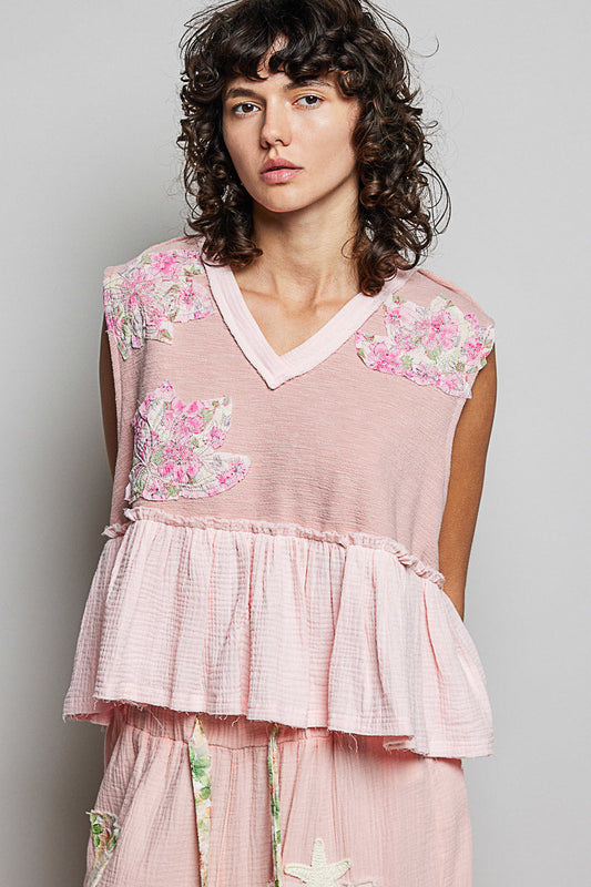 POL Floral Patch Ruffled Sleeveless Top with Raw Edge Detail-1