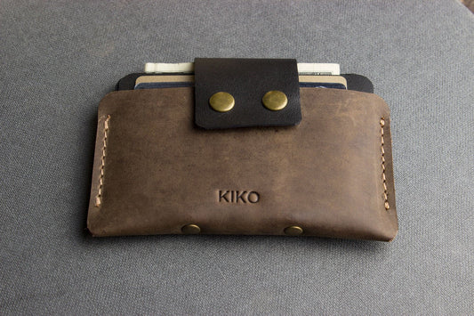 Two-Tone Cowhide Leather Card Holder Wallet Slim Button Closure-1
