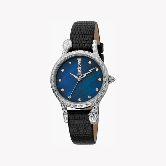 Just Cavalli Women's Black Leather Watch, Blue Dial | Jc1l125l0015-1