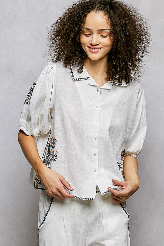 POL Button Down Embroidered Floral Short Sleeve Shirt-1