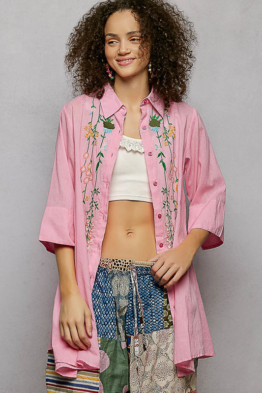 POL Floral Embroidered Half Sleeve Cotton Shirt-1