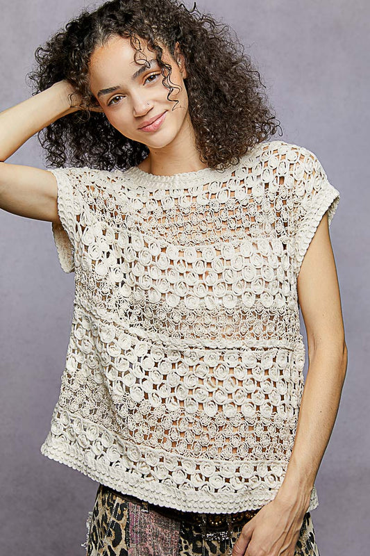 POL Openwork Round Neck Crochet Top-1