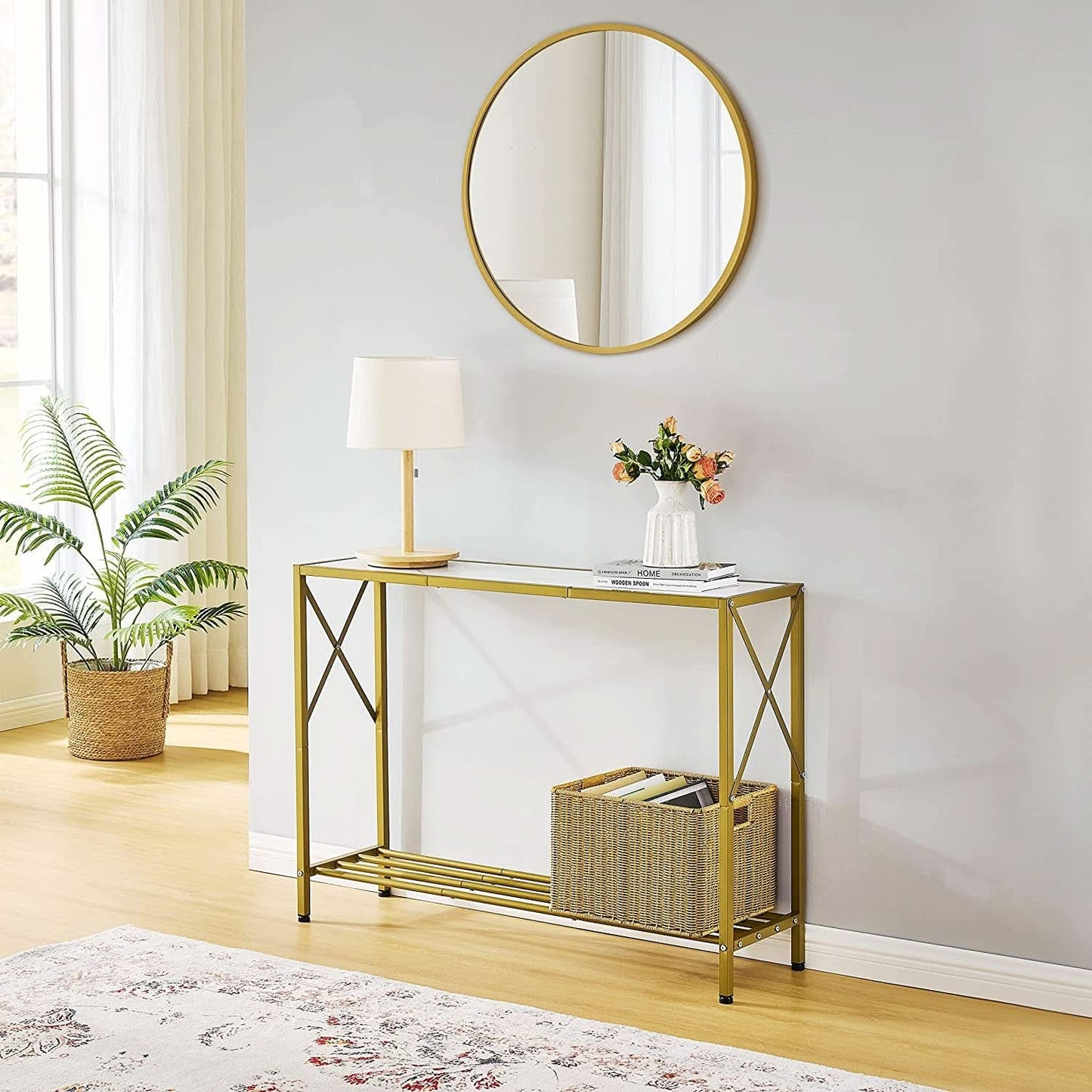 Gold And White Narrow Console Table With Shelves 41 Inch Long-4