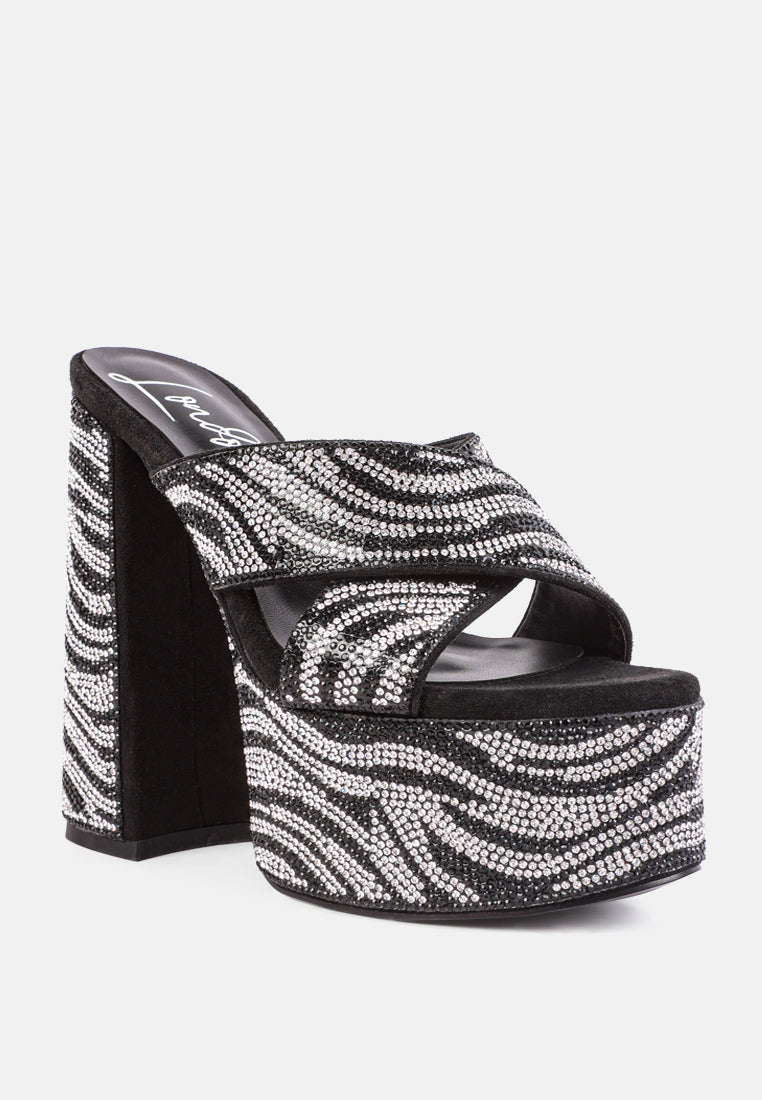 Sinful High Platform Patterned Diamante Slides-4