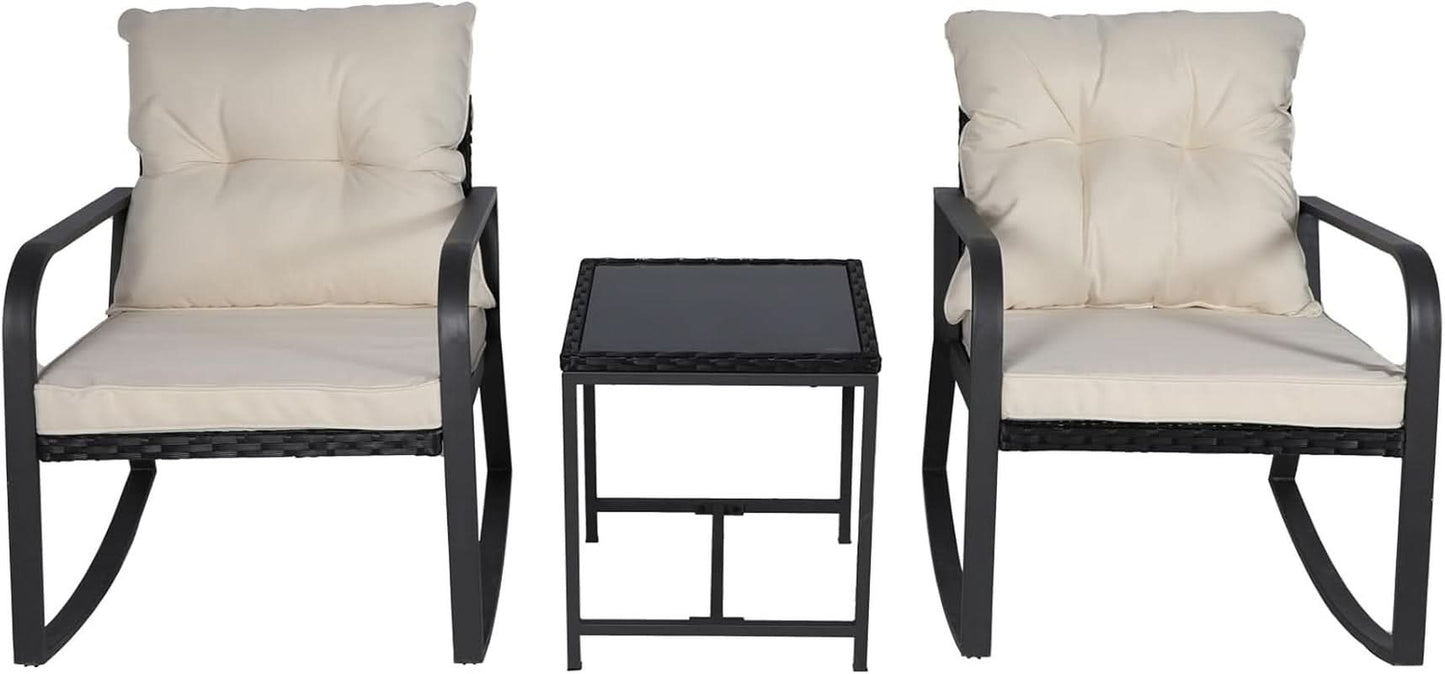 Three Piece Patio Bistro Set With Rocking Chairs And Cushions Beige Outdoor Garden Furniture-1