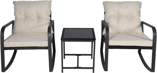 Three Piece Patio Bistro Set With Rocking Chairs And Cushions Beige Outdoor Garden Furniture-1