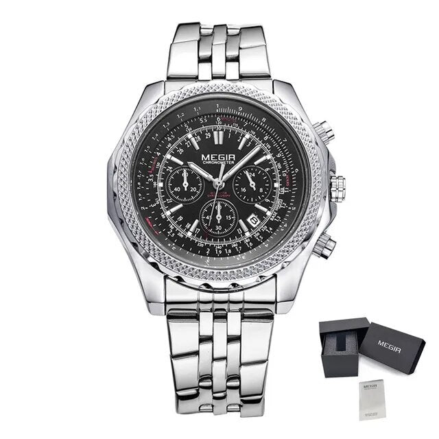 MEGIR Fashion Business Men's Watch Stainless Steel Quartz Wristwatch Calendar Big Dial Man Military Sports Chronograph Clock 2006-9