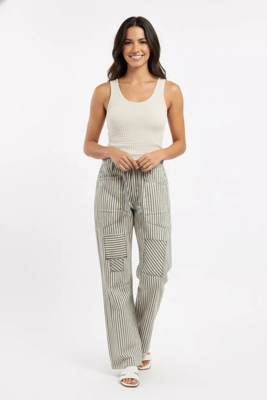 BiBi Drawstring Striped Twill Barrel Pants-1