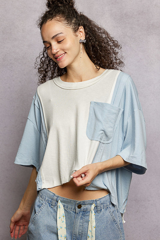 POL Color Block Patchwork Cropped T-Shirt-1