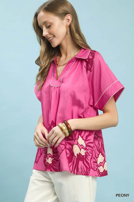 Umgee Floral Split-Neck Short Sleeve Top-1