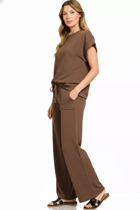 Zenana Cotton Slub Short Sleeve Tee and Pants Set-1