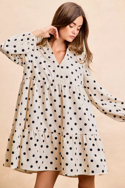 BiBi Polka Dot Corduroy Collared V Neck Dress-1