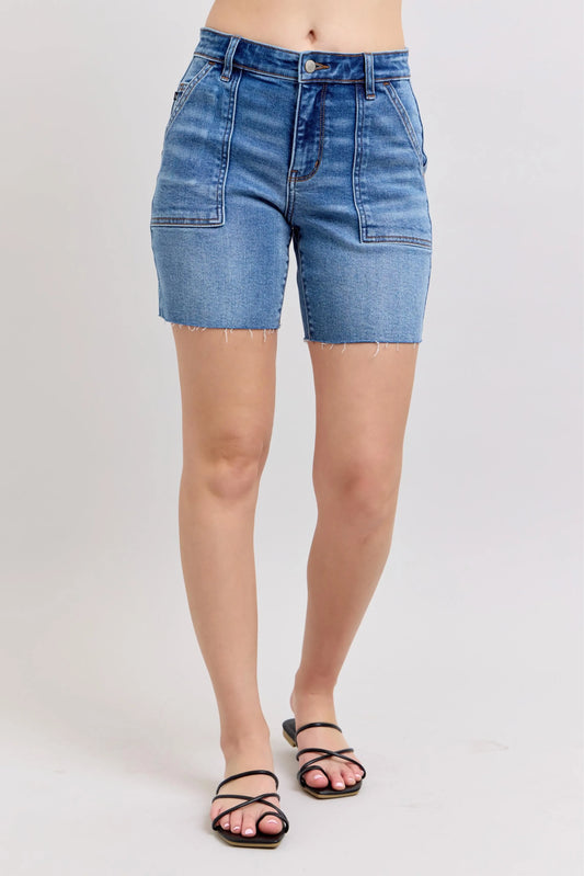 Judy Blue Full Size Mid Rise Bermudas Denim Shorts W/ Back Flap Pockets Plus Size-1
