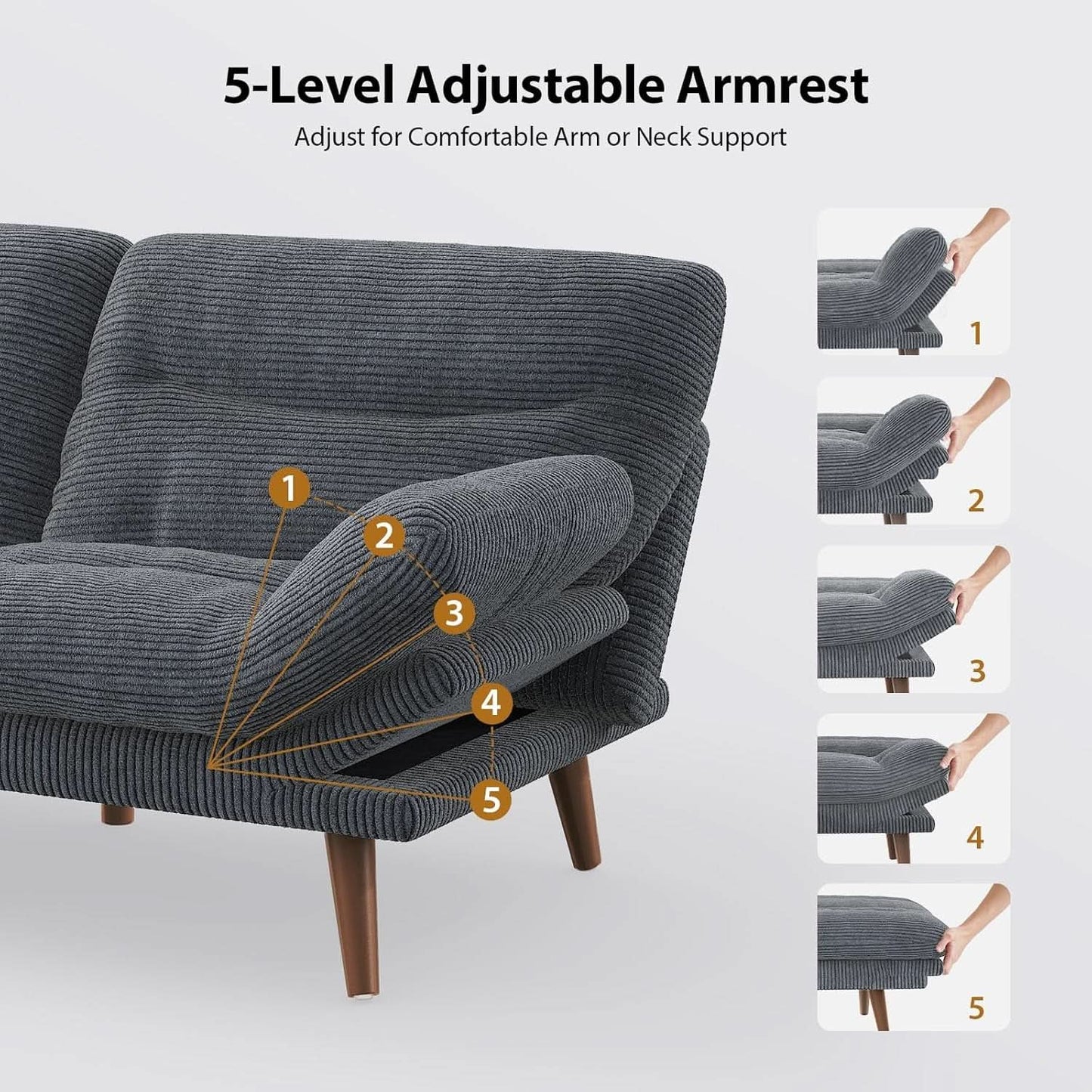 Corduroy Grey 73In Adjustable Backrest Futon SofaBed-4