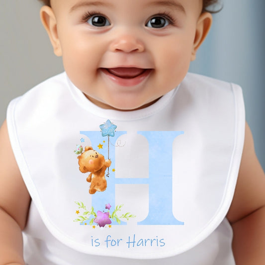 Personalised Blue Initial with Teddy Baby Outfit: Bib, Vest, Grow-1