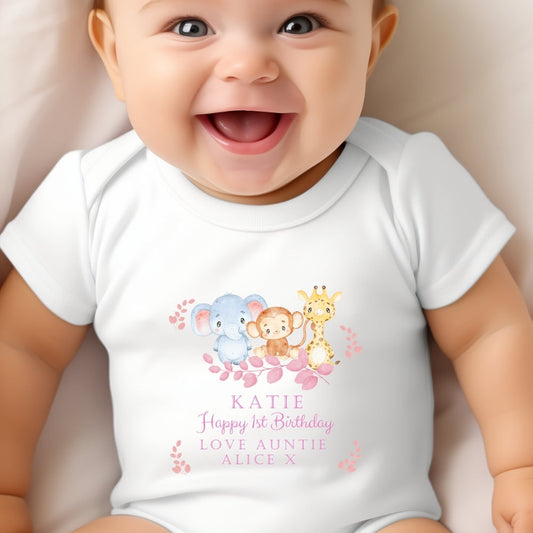Personalised Animals Girls Birthday Baby Outfit: Bib, Vest, Grow-1