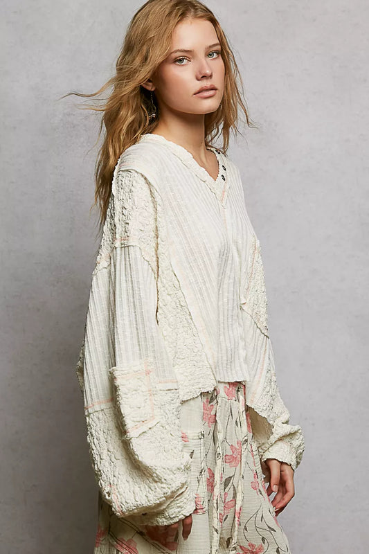 POL V-Neck Long Sleeve Top with Stitch Detail-1