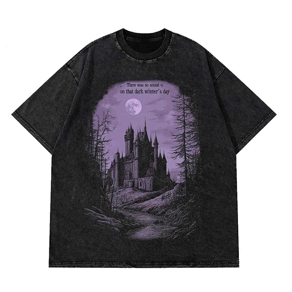 Hip Hop Washed Black T-Shirt Vintage Purple Horror Castle Graphic Cotton Unisex Y2K-0