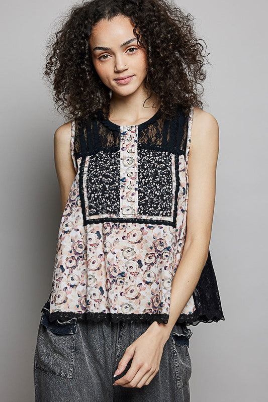POL Printed Woven Lace Back Round Neck Sleeveless Top-1