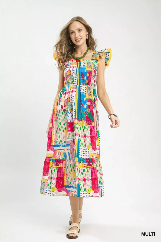 Umgee Abstract Print Smocked Ruffle Sleeve Tiered Midi Dress-1