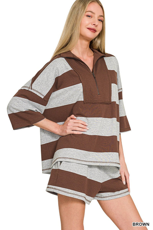 Zenana Frenchterry Striped Half Zip Top & Shorts Set-1