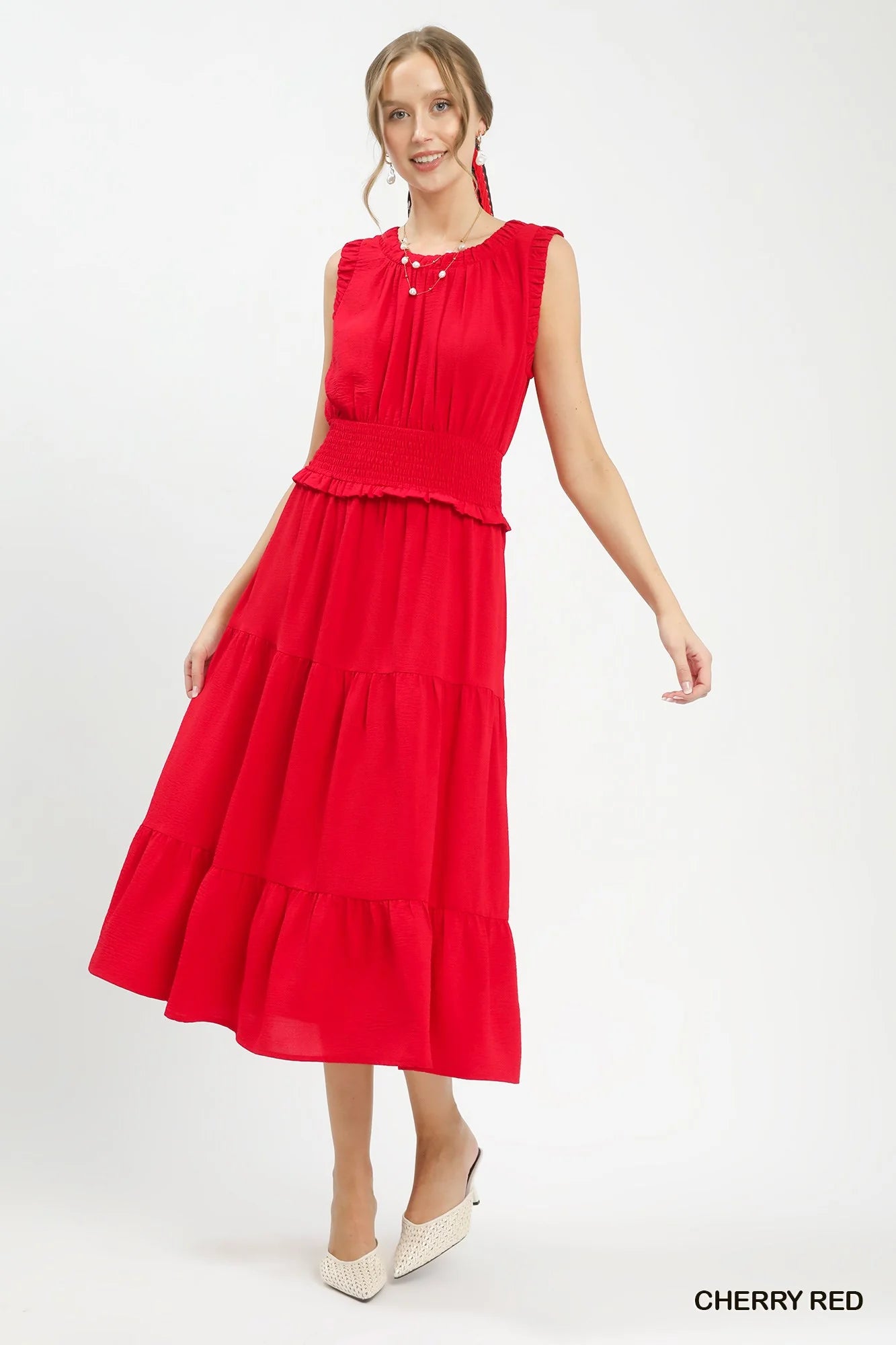 Umgee Smocked Waist Tiered Midi Dress-4