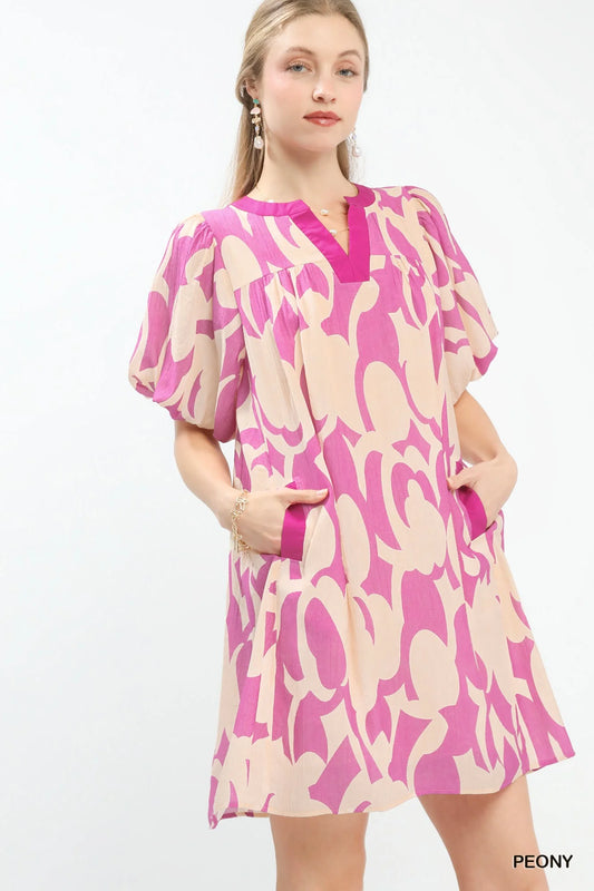 Umgee Abstract Print Puff Sleeve Shift Dress-1