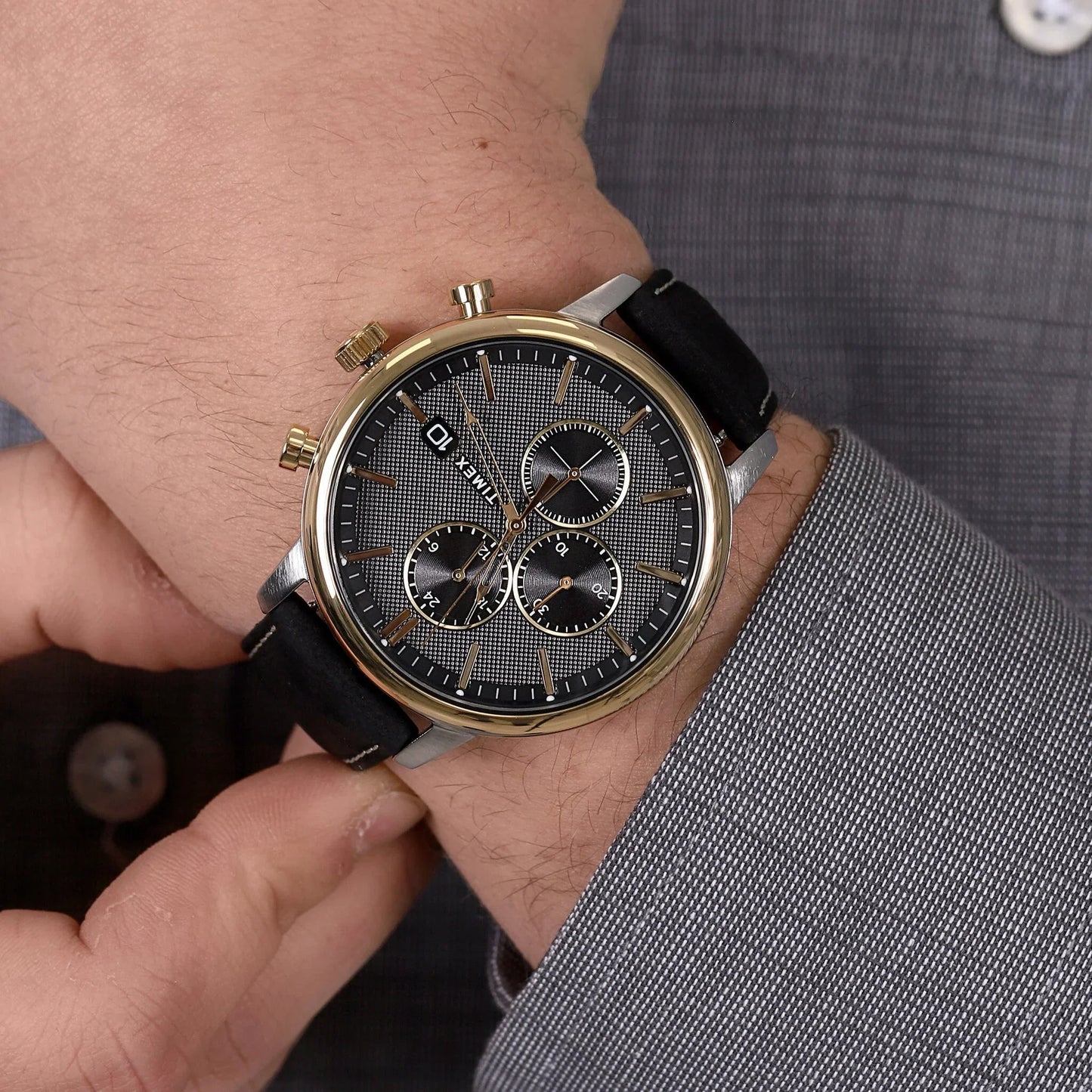 Timex Men's Black Leather Watch, Brass Case | Tw2u39100-4