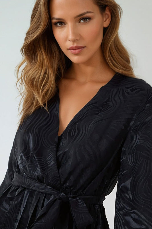 Black Wrap Front Belted Midi Dress-1