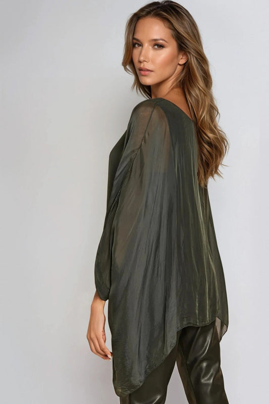 Charcoal Silk Batwing Sleeve Round Neck Blouse-1