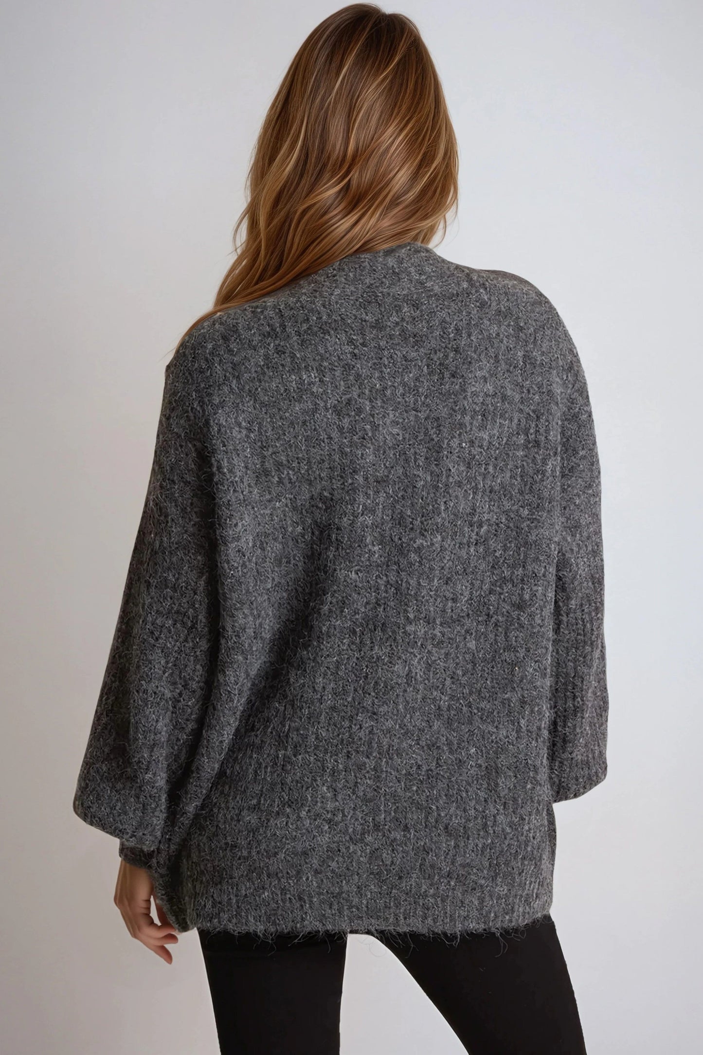 Charcoal Wool Blend Balloon Sleeve Knitted Cardigan-2