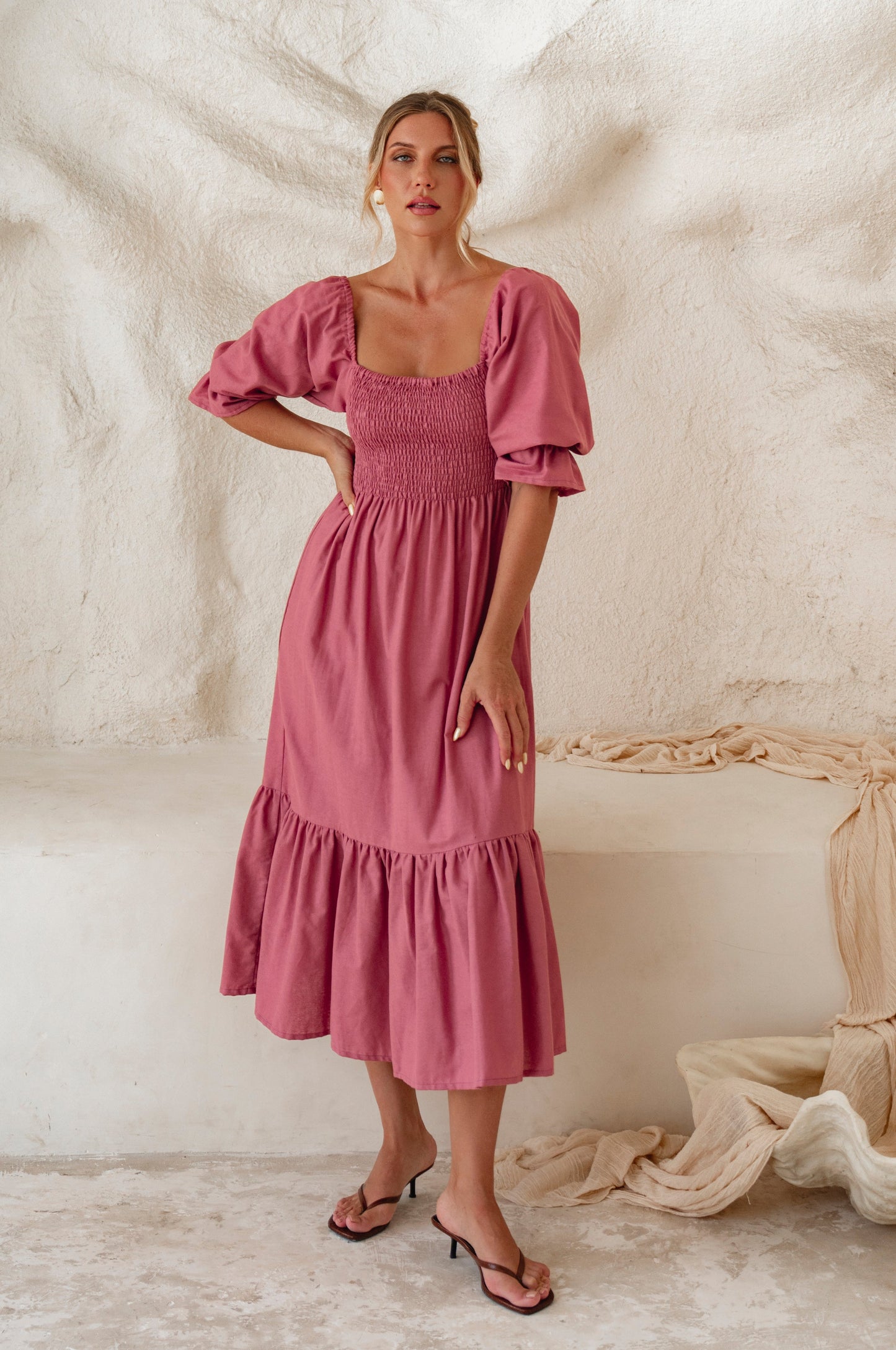 Almeria Smocked Midi Linen Dress-8