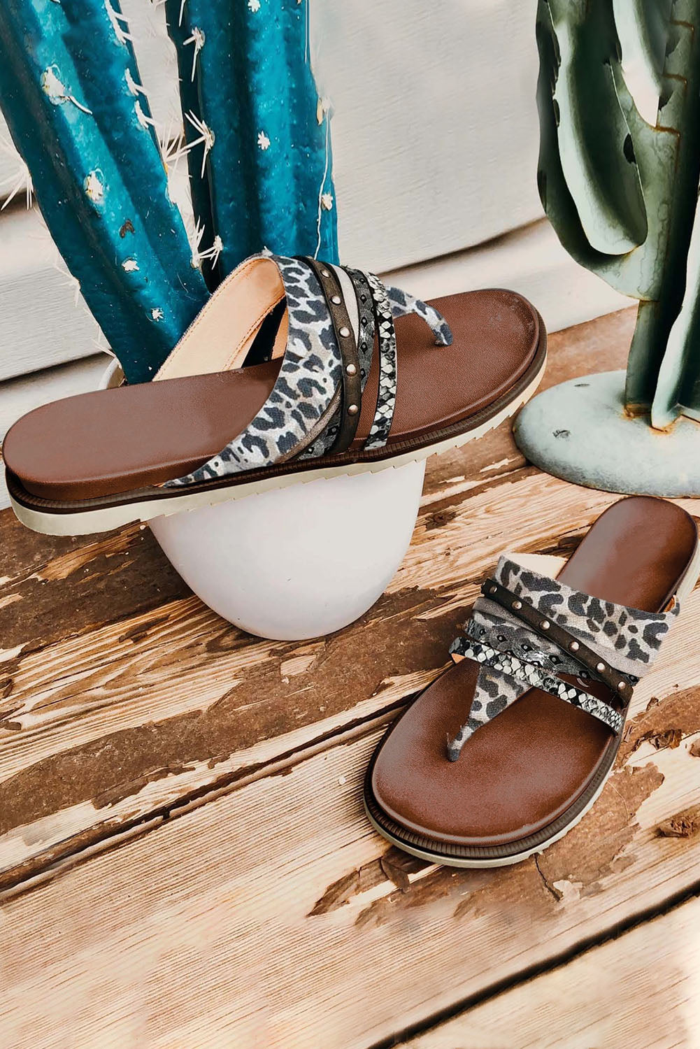 Annie Studded Animal Print Flip Flops-1