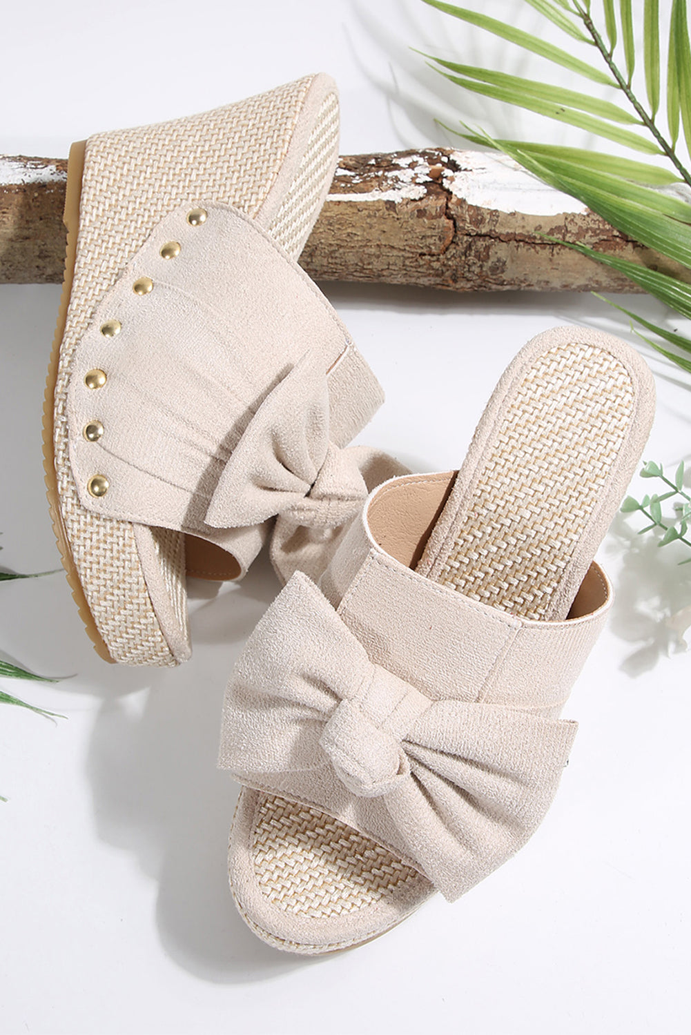 Bow Knot Decor Woven Wedge Slippers-4
