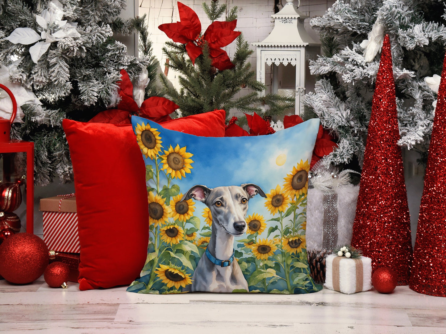 Whippet in Sunflowers Throw Pillow-4