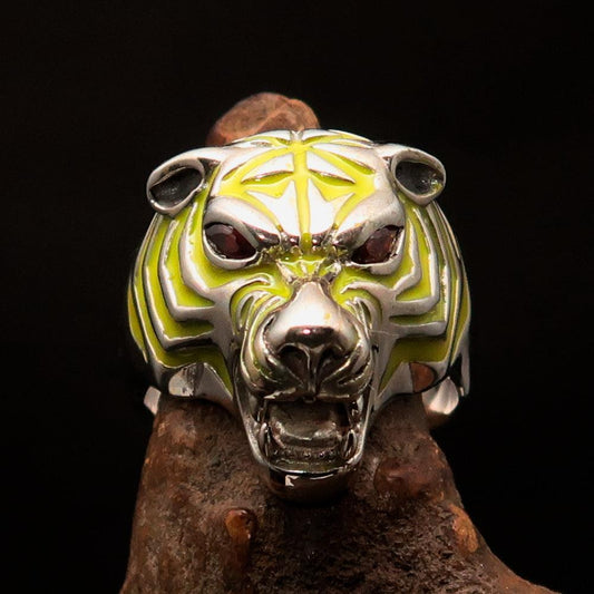 Excellent crafted Men's Predator Ring Tiger red CZ Eyes and yellow Stripes - Sterling Silver-1