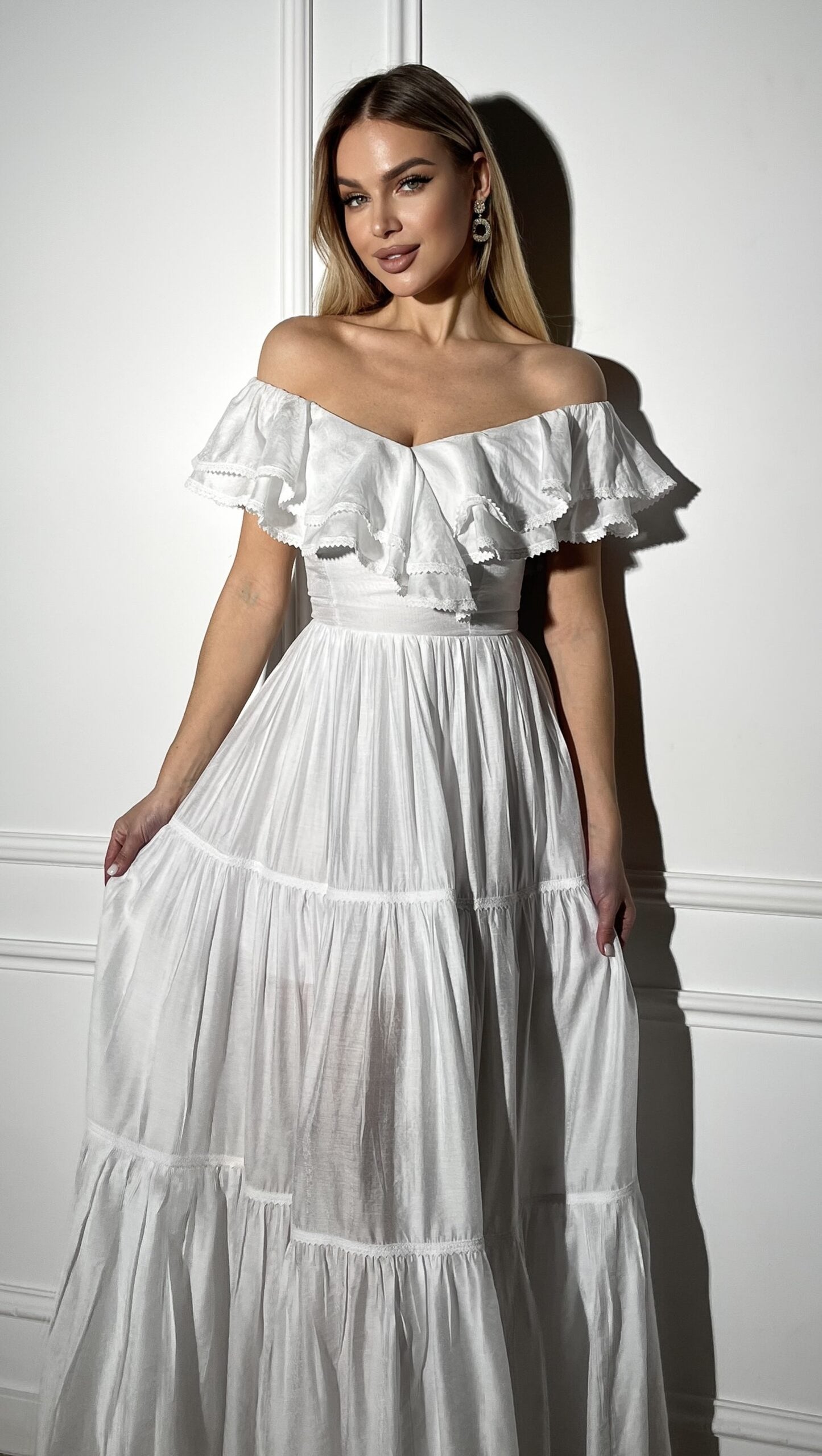 Off-Shoulder White Ruffled Maxi Boho Dress Elegant & Flowy Summer Outfit-6