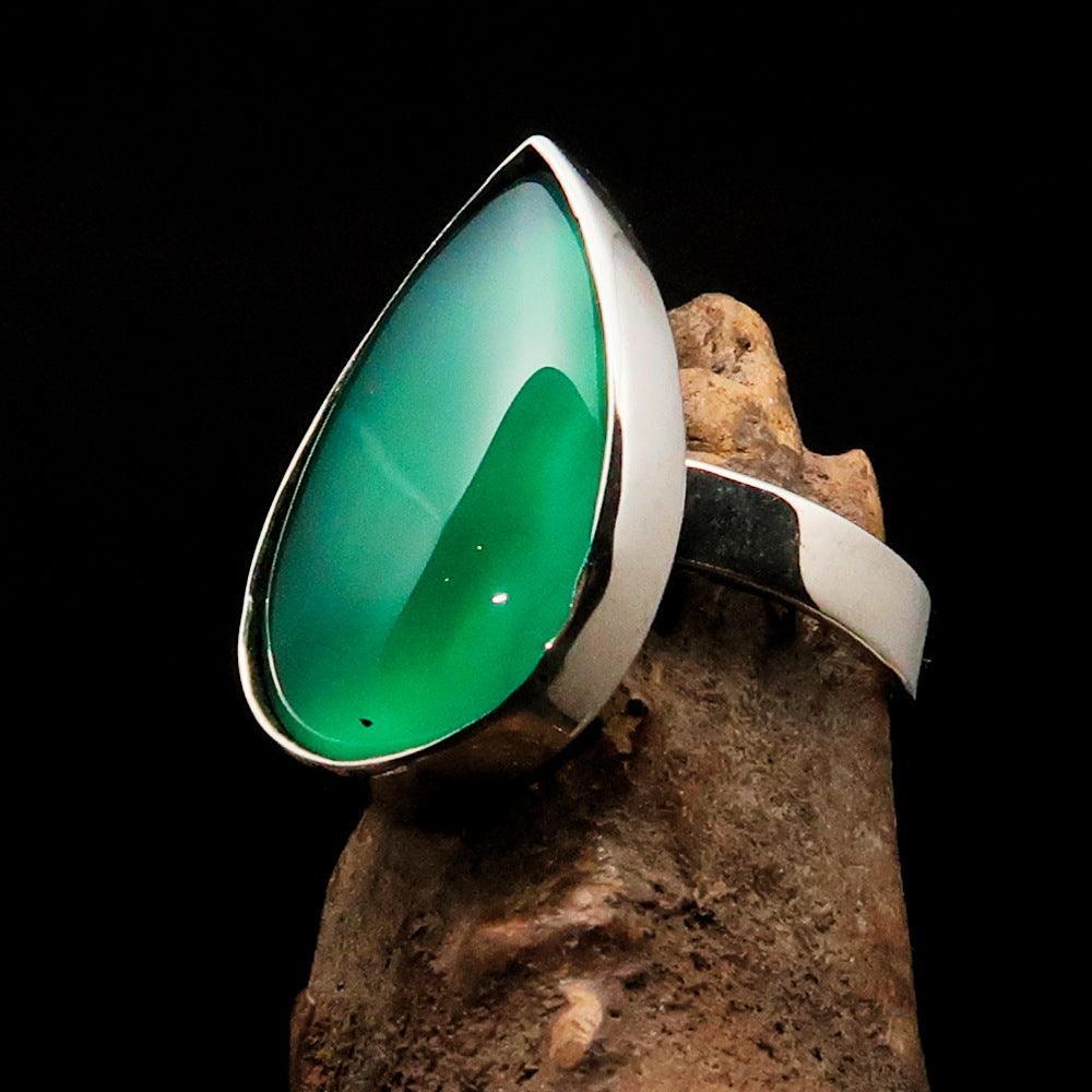 Green Agate Silver Ring, Pear shaped Sterling Silver Ring, green Agate Cabochon, handmade silver ring, unique design, Minimalist - Size 9-4