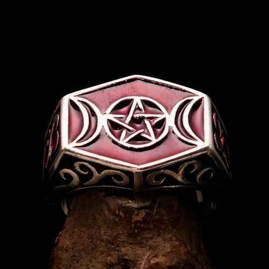 Men's Sterling Silver Ring Red Crescent Moon Pentagram Star-1