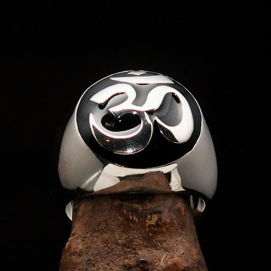 Nicely crafted domed Men's Buddhist Ring Black Aum Symbol - Sterling Silver-1