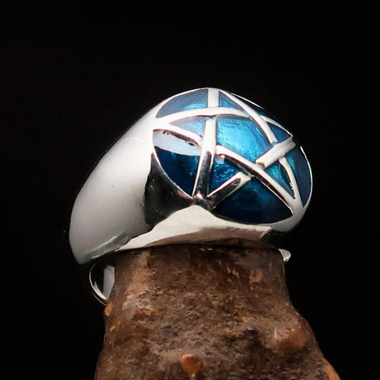 Excellent crafted Men's Pinky Ring domed Blue Pentagram - Sterling Silver-1