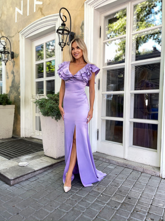 summer wedding guest dress maxi dress with leg split long purple gown for summer