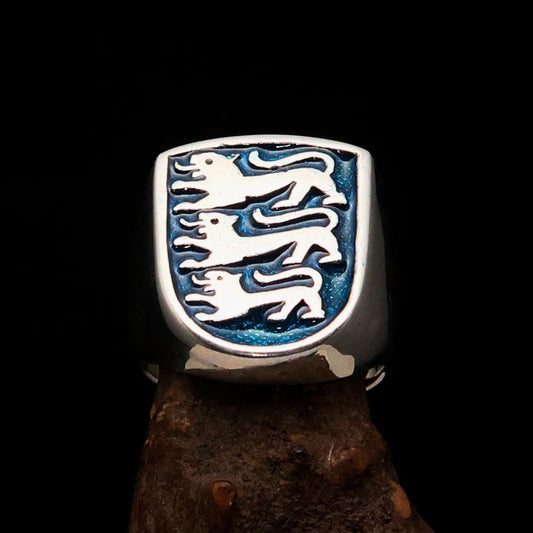Perfectly crafted Men's Shield Ring Blue 3 Lions Coat of Arms - Sterling Silver-1