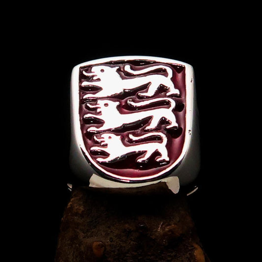 Perfectly crafted Men's Shield Ring Red 3 Lions Coat of Arms - Sterling Silver-1
