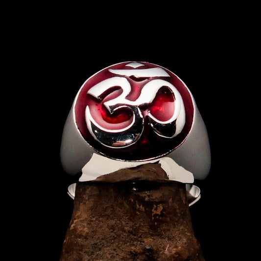 Nicely crafted domed Men's Buddhist Ring red Aum Symbol - Sterling Silver-1