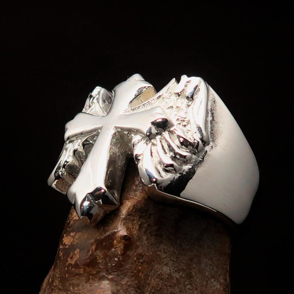 Excellent crafted shiny Men's flying winged Cross Ring - Sterling Silver-4