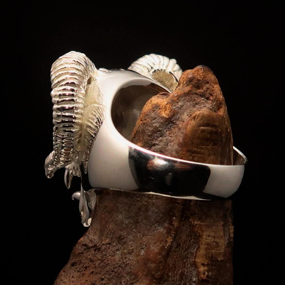 Excellent crafted Men's blue 1% Ram Skull Outlaw Ring - Sterling Silver-4